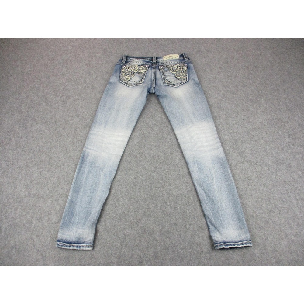 Miss Me Jeans Womens 26 Blue Skinny Distressed Embroidered Rhinestones Denim